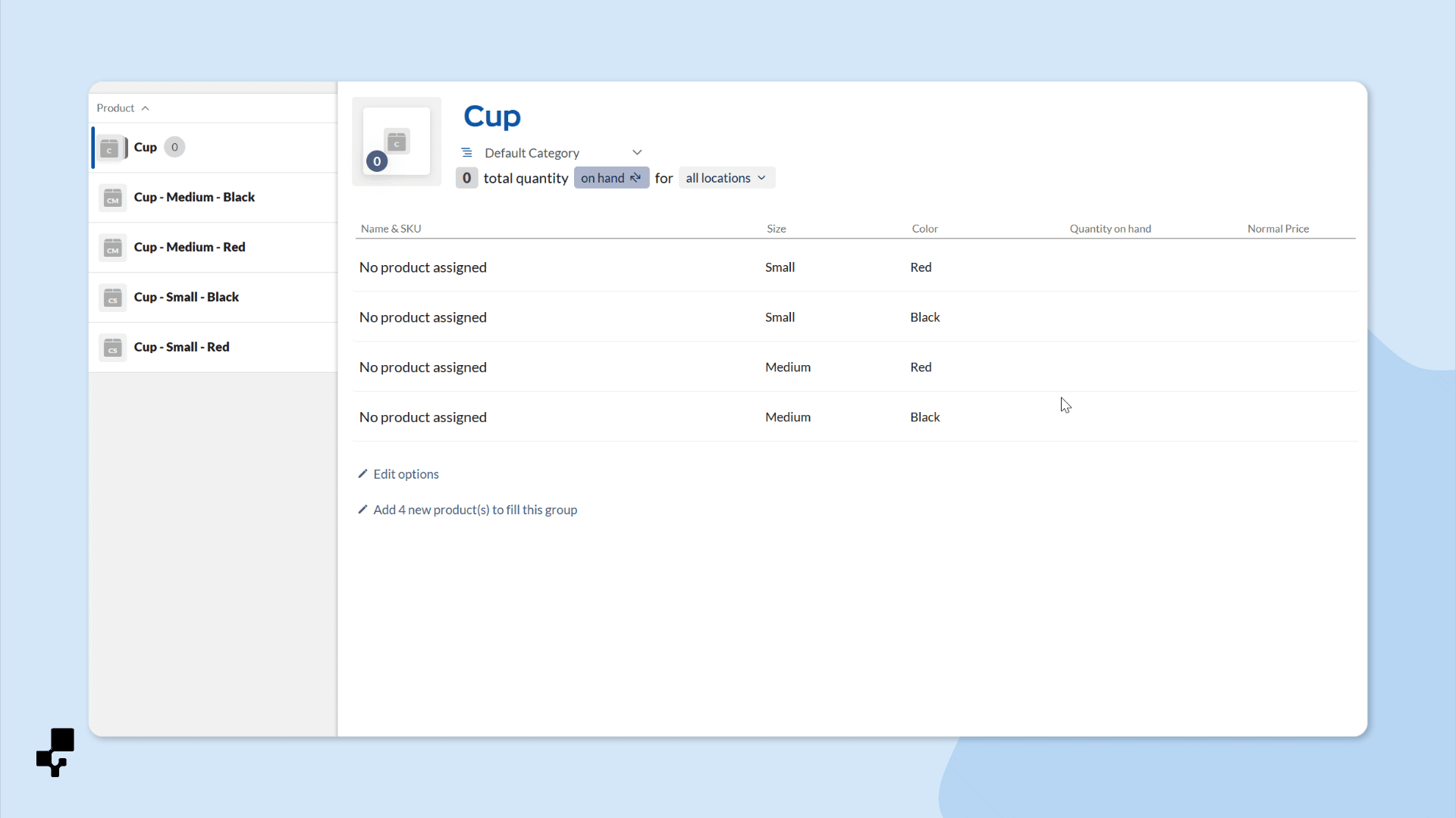 How inFlow can link various products to an empty product group.