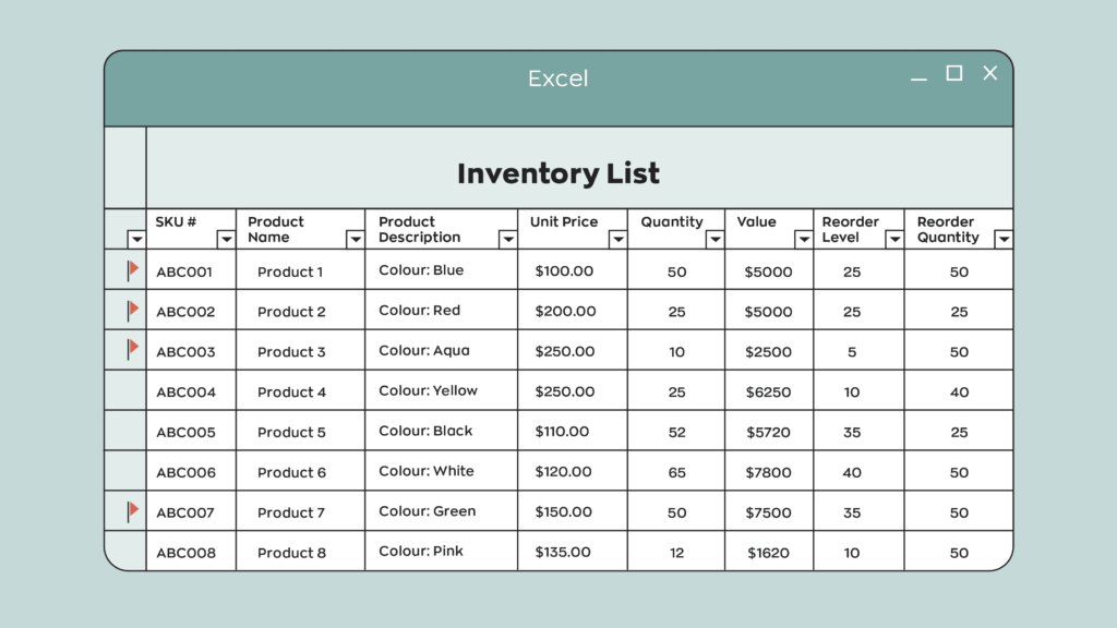 A graphic example of what an inventory list spreadsheet looks like.
